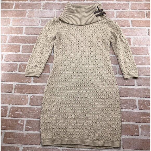 Calvin Klein Dress Women Small Light Brown Cowl Neck Buckle Acrylic Knit Sweater - Picture 1 of 11